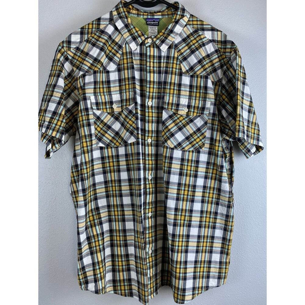 Men's Patagonia Sz XL Button Up 100% Organic Cotton Black Yellow Plaid